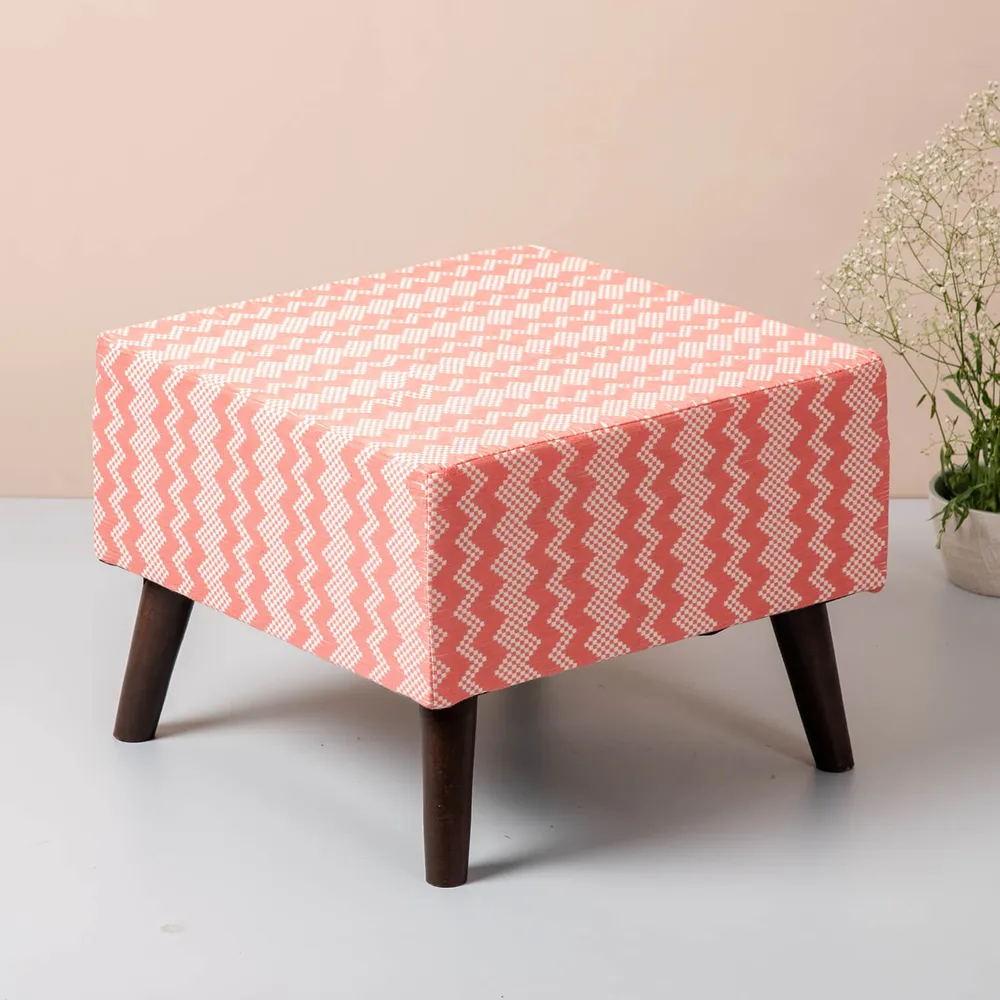 Pink and White Zig Zag Patterned Woven Jacquard Cotton Upholstered Ottoman Wood Stool