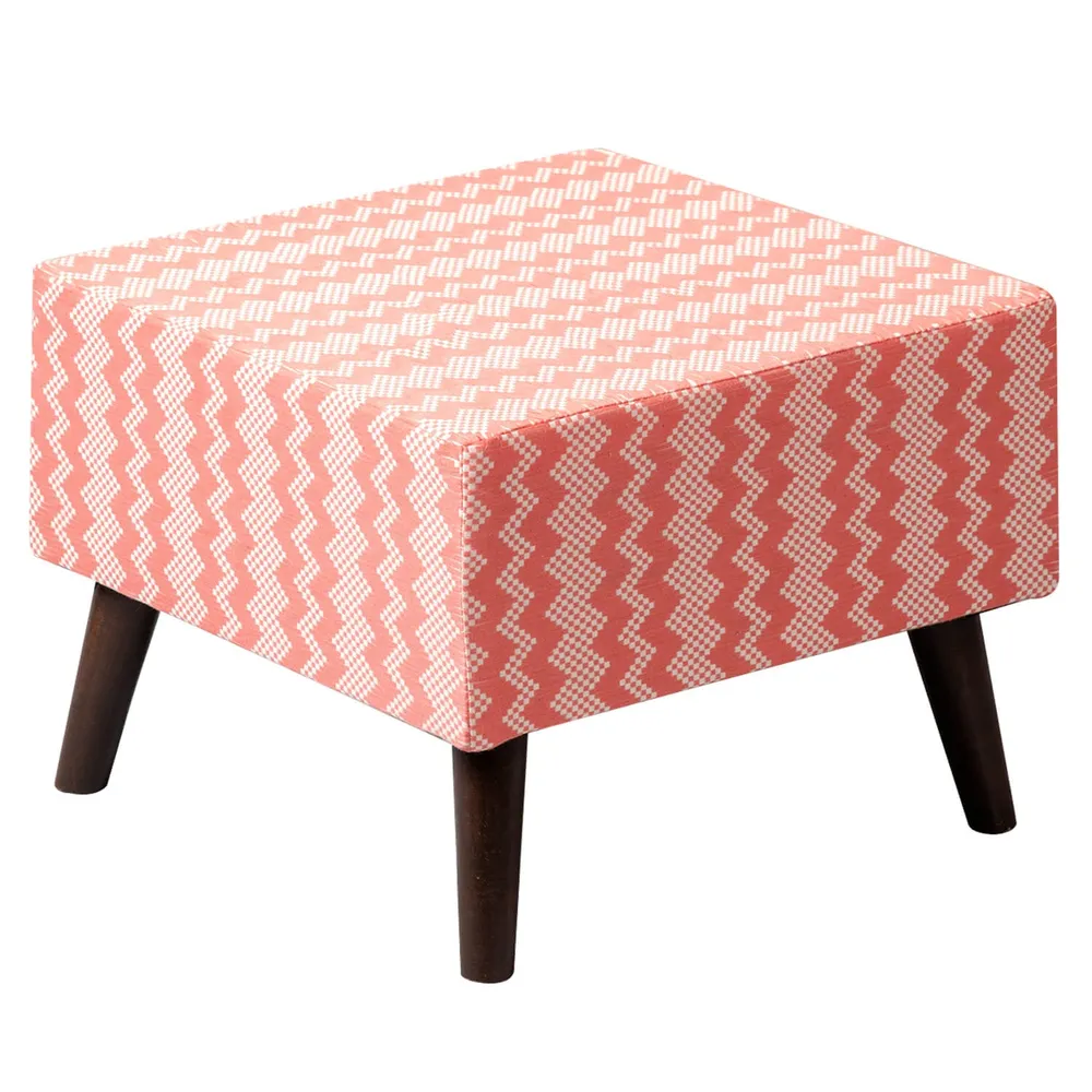 Pink and White Zig Zag Patterned Woven Jacquard Cotton Upholstered Ottoman Wood Stool