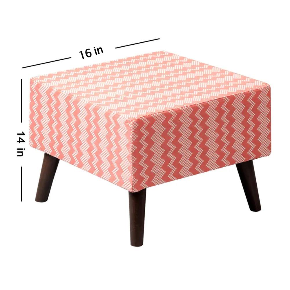 Pink and White Zig Zag Patterned Woven Jacquard Cotton Upholstered Ottoman Wood Stool