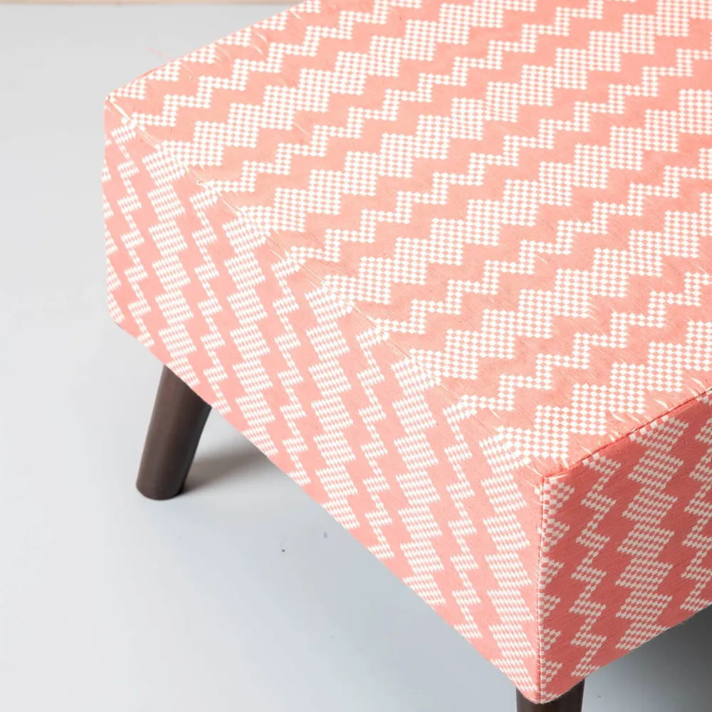 Pink and White Zig Zag Patterned Woven Jacquard Cotton Upholstered Ottoman Wood Stool