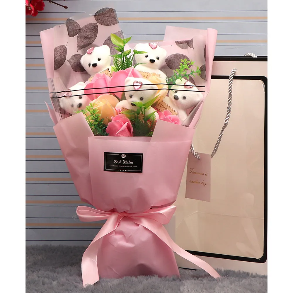 Pink Artificial Silk Rose Special Flower Bouquet with Mini Teddy for Valentine's Day