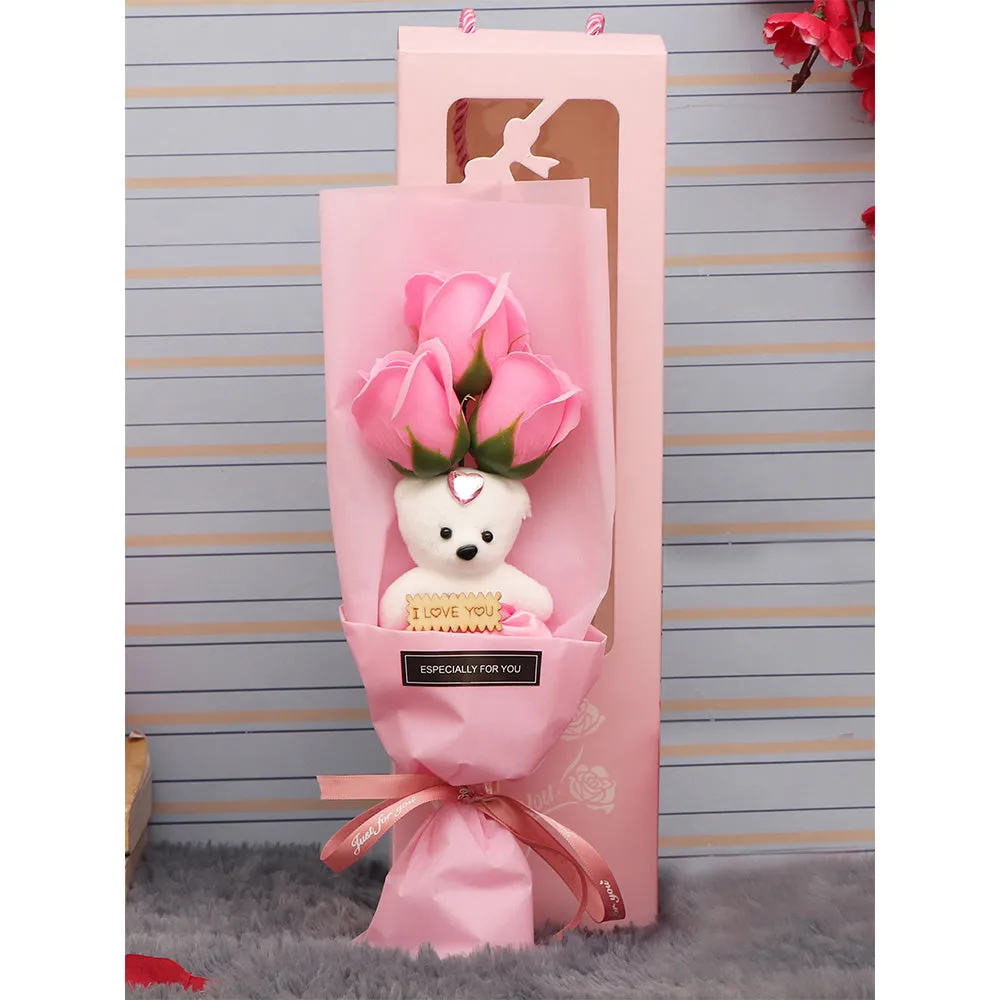 Pink Artificial Silk Rose Special Flower Bouquet with Teddy for Valentine's Day