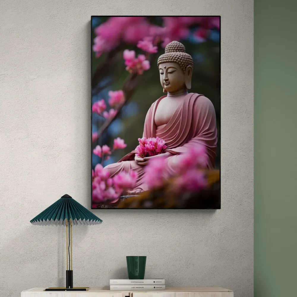 Pink Blossom Meditation Buddha Portrait Canvas painting With Frame