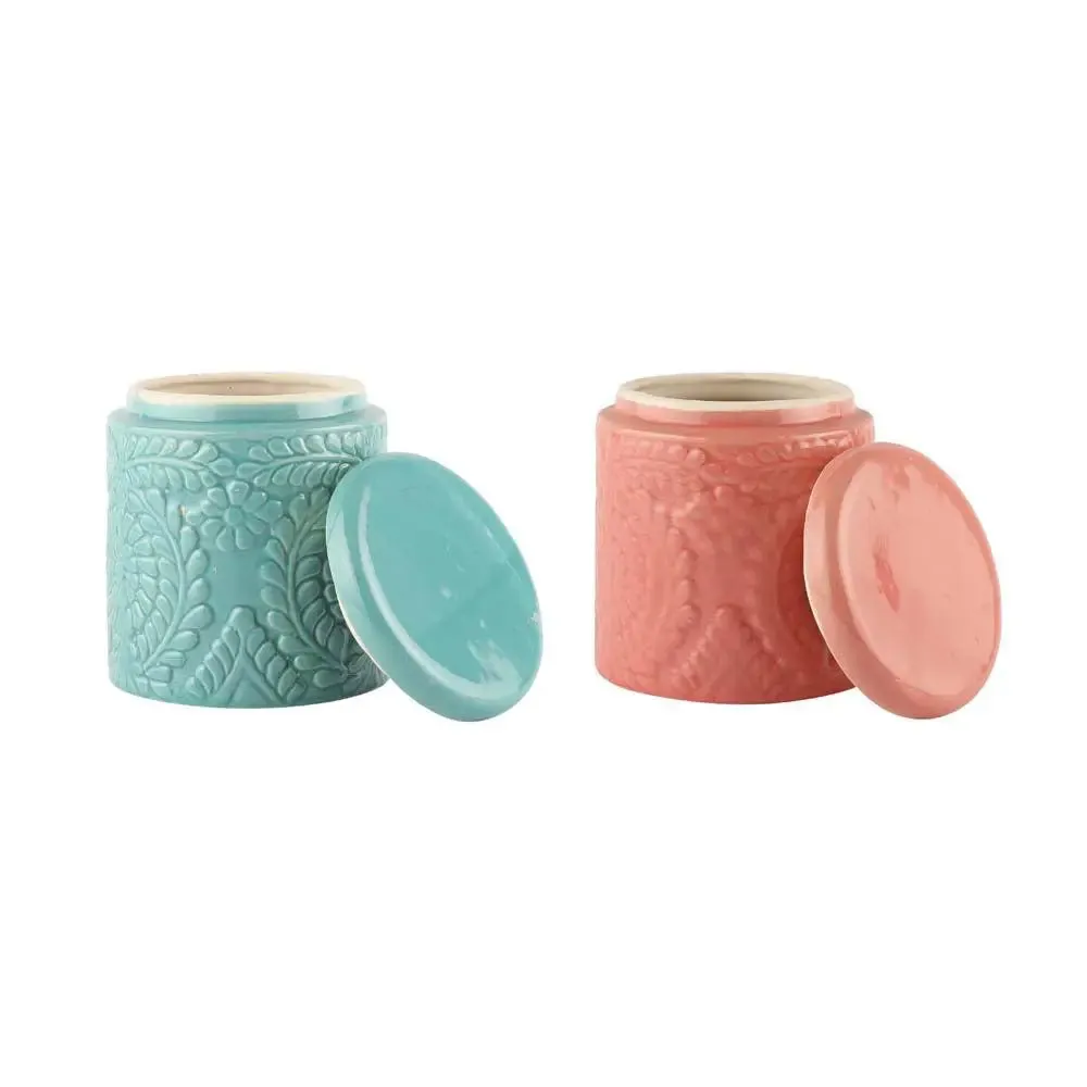 Pink & Blue Handcrafted & Handpainted Ceramic Storage Jars Set Of 2