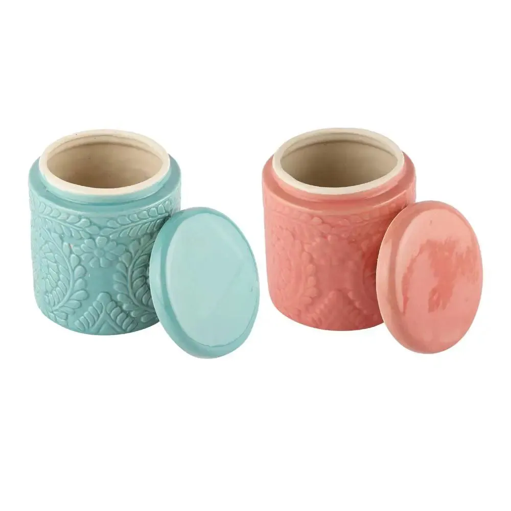 Pink & Blue Handcrafted & Handpainted Ceramic Storage Jars Set Of 2