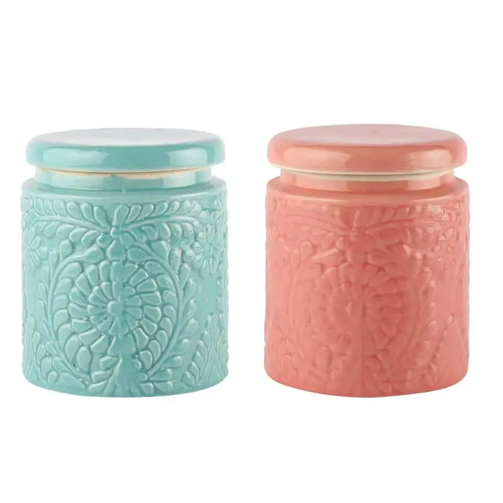 Pink & Blue Handcrafted & Handpainted Ceramic Storage Jars Set Of 2