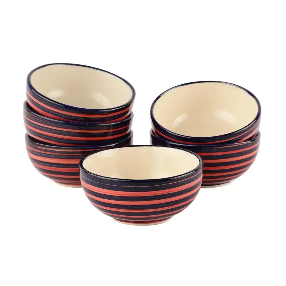 Pink & Blue Striped Hand Painted Ceramic Bowl Set Of 6