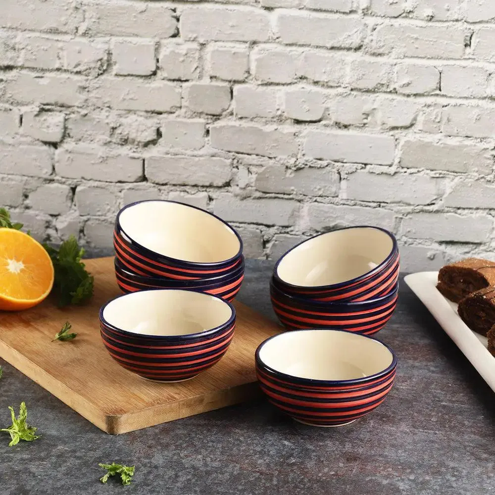 Pink & Blue Striped Hand Painted Ceramic Bowl Set Of 6