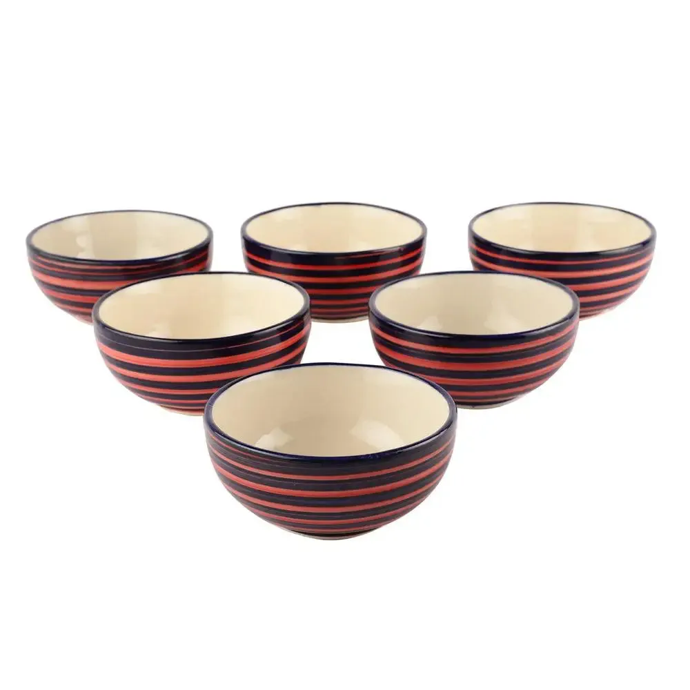 Pink & Blue Striped Hand Painted Ceramic Bowl Set Of 6
