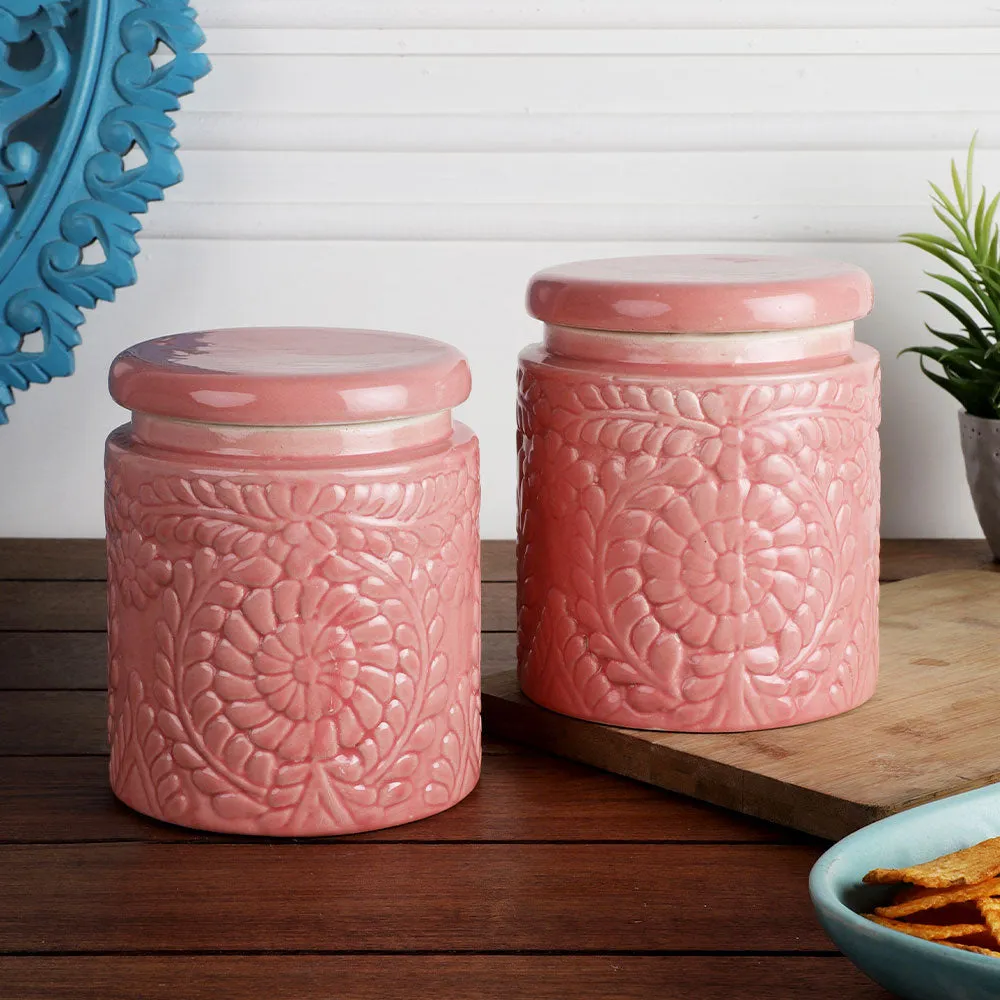 Pink Ceramic Handcrafted Multi Utility Storage Jar Set Of 2