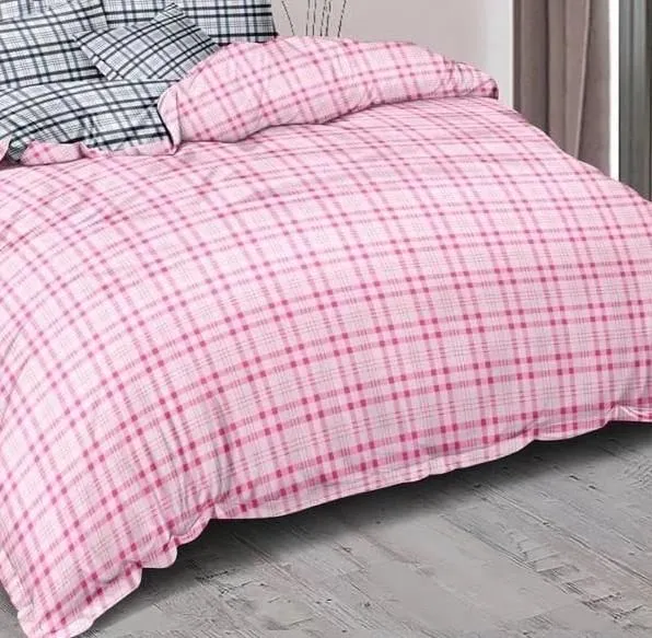 Pink Checkered Print Double Bedsheet With 2 Pillow Covers (Pink)