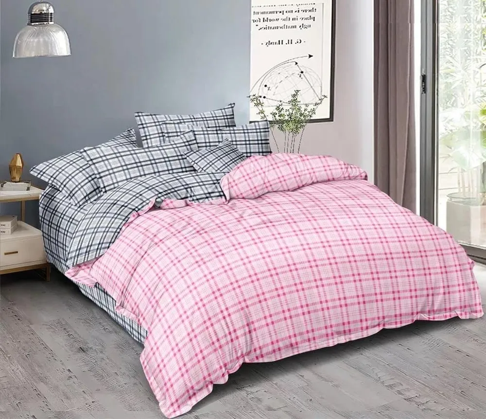 Pink Checkered Print Double Bedsheet With 2 Pillow Covers (Pink)