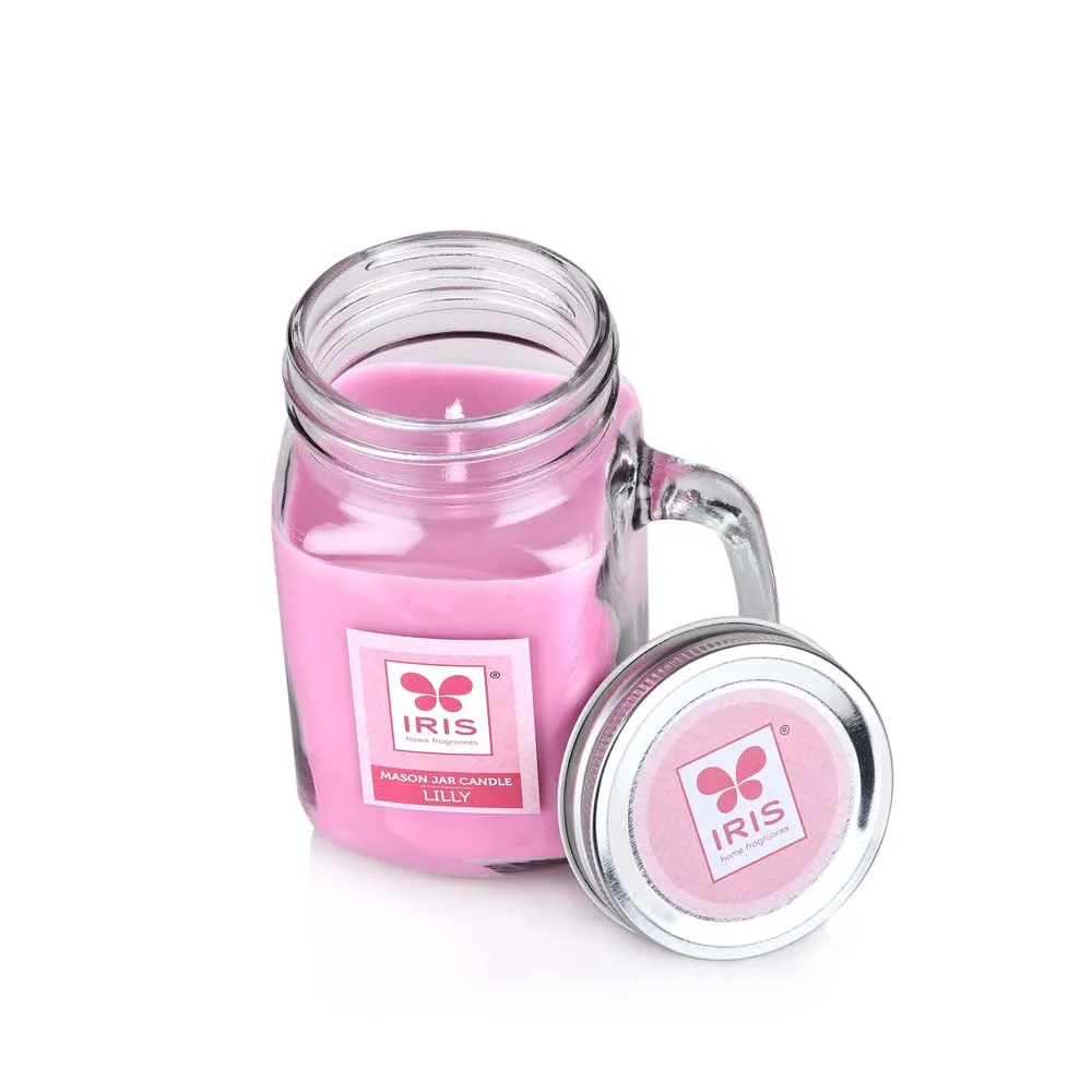 Pink Coloured Premium Lily Scented Mason Jar Candle- Small