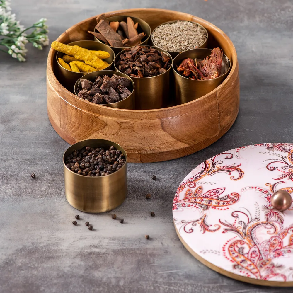 Pink Designer Wood & Stainless Steel Jars Masala/ Spice Box
