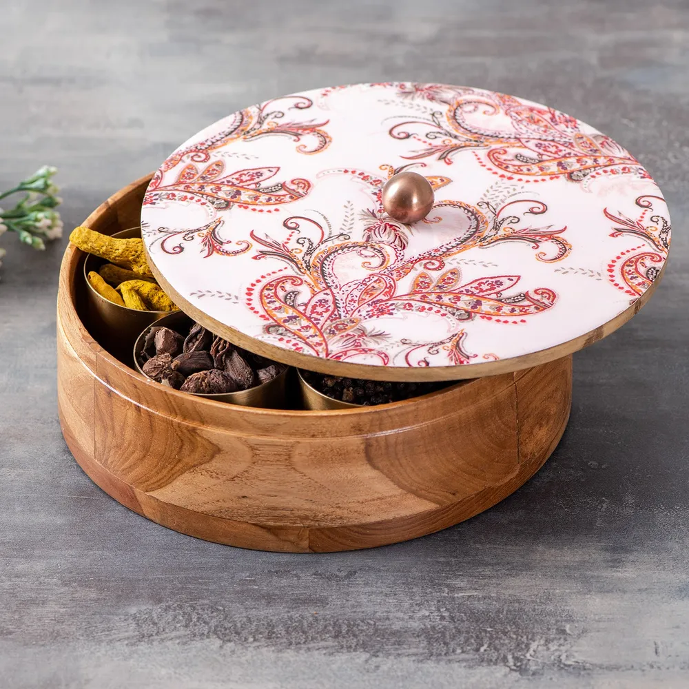 Pink Designer Wood & Stainless Steel Jars Masala/ Spice Box