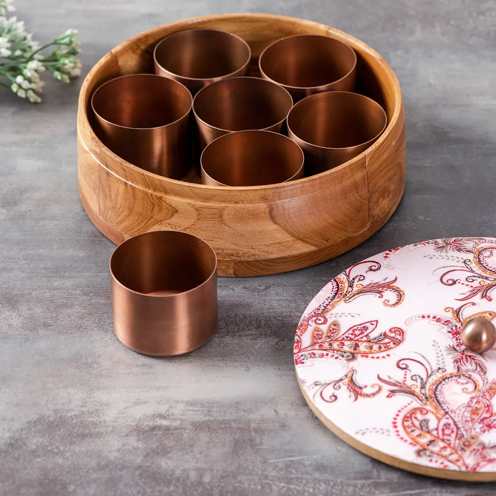 Pink Designer Wood & Stainless Steel Jars Masala/ Spice Box