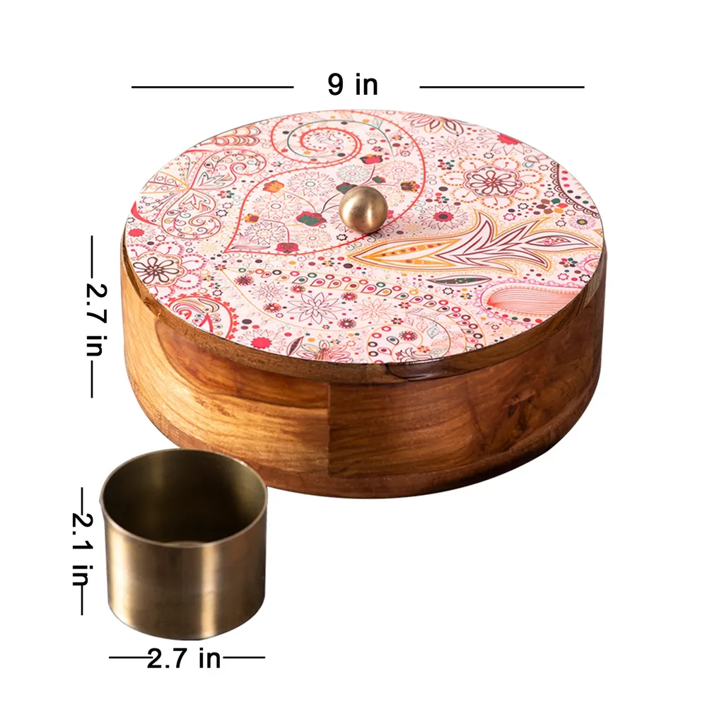 Pink Ethnic Patterned Wood & Stainless Steel Jars Masala/ Spice Box
