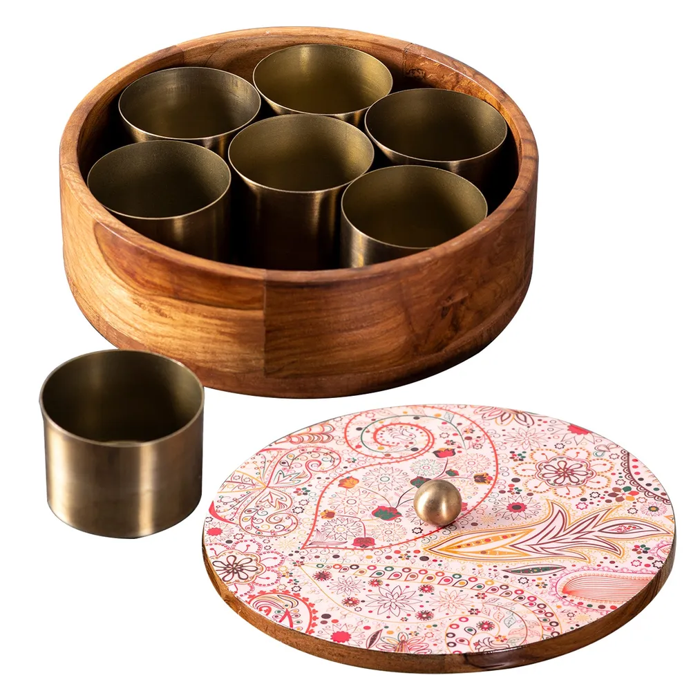 Pink Ethnic Patterned Wood & Stainless Steel Jars Masala/ Spice Box