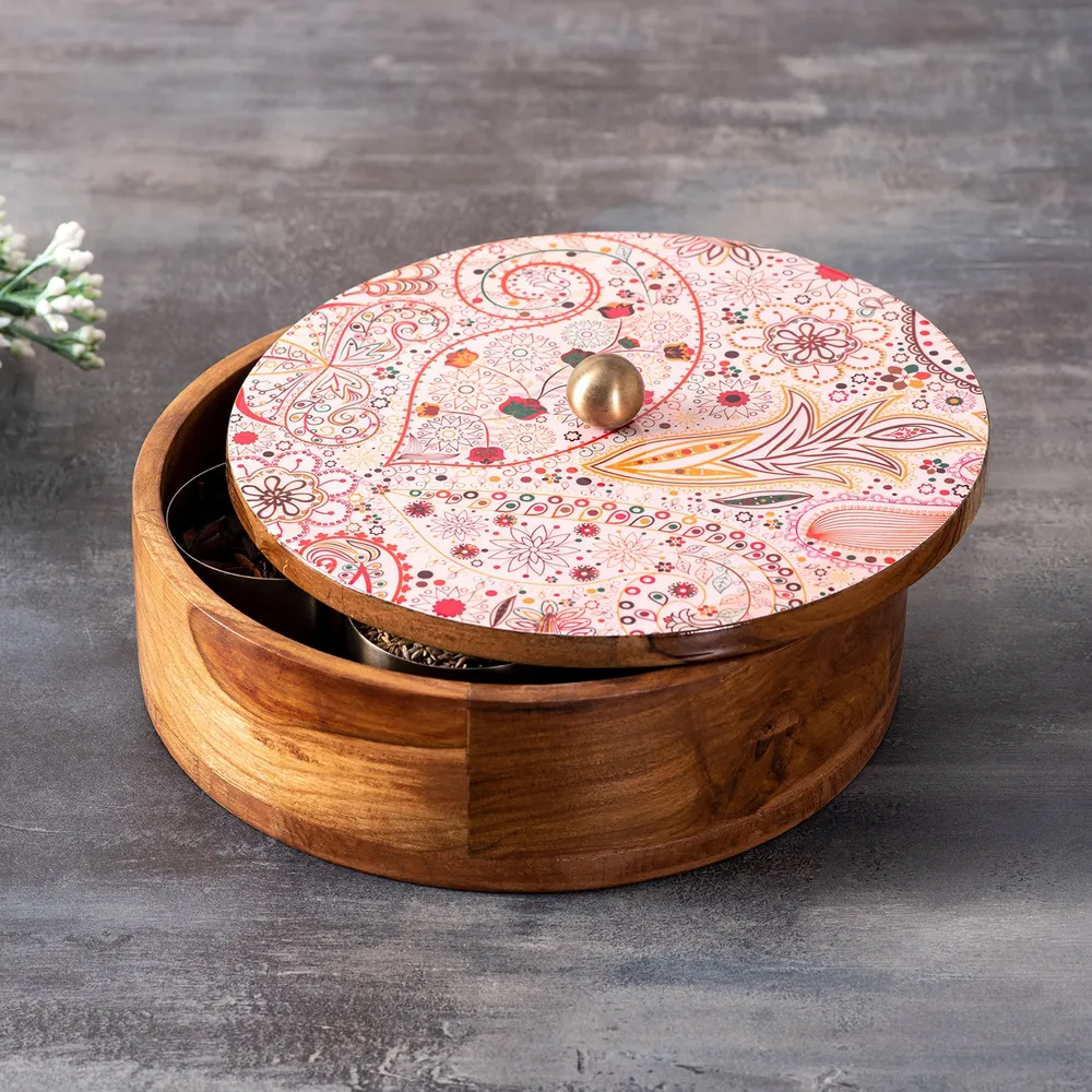 Pink Ethnic Patterned Wood & Stainless Steel Jars Masala/ Spice Box