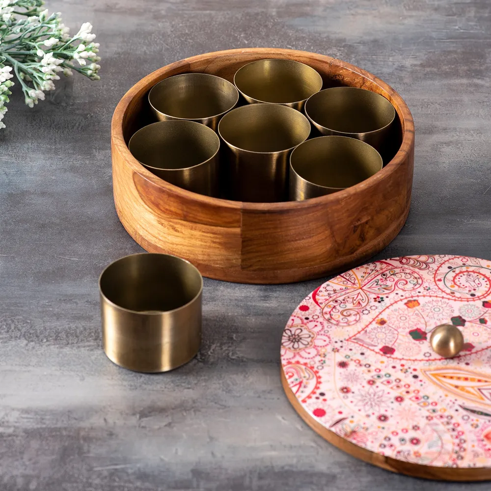 Pink Ethnic Patterned Wood & Stainless Steel Jars Masala/ Spice Box