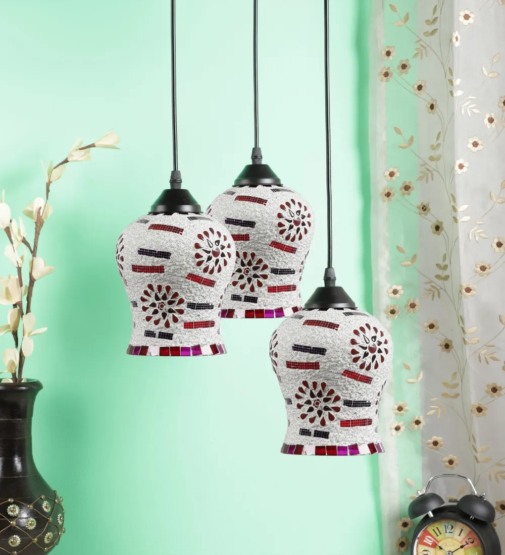 Pink Glass Embeded Mosaic Cluster Hanging Light