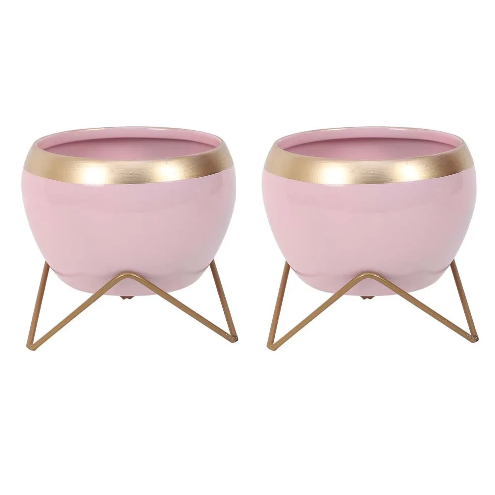 Pink & Golden Bordered Metal Planter With Stand Set Of 2