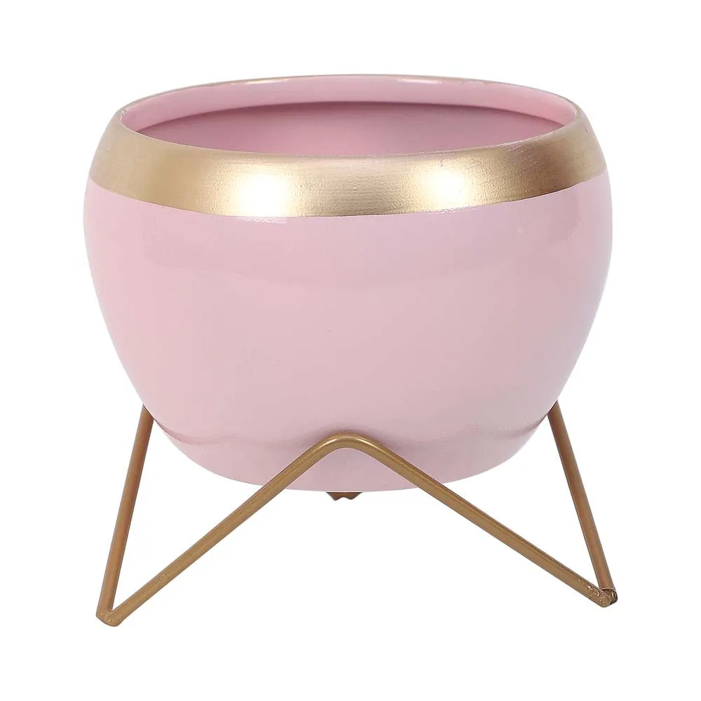 Pink & Golden Bordered Metal Planter With Stand Set Of 2