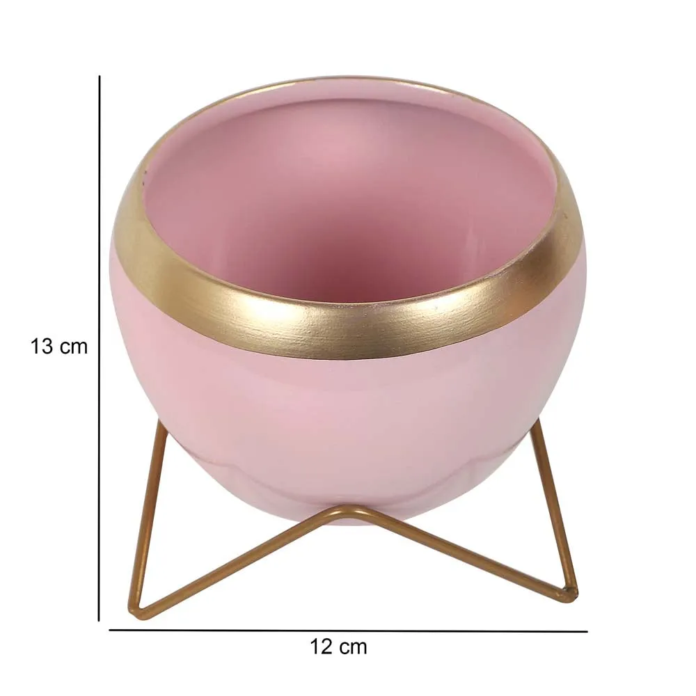 Pink & Golden Bordered Metal Planter With Stand Set Of 2