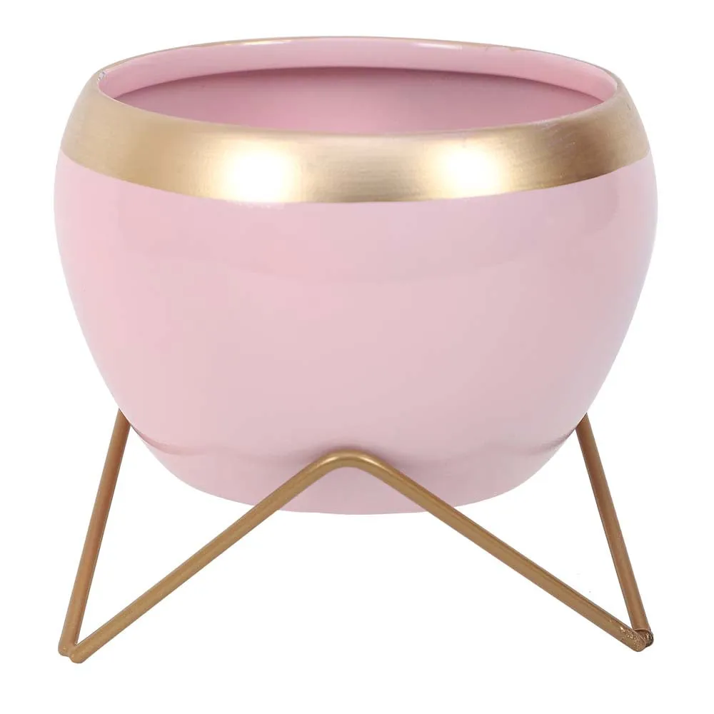 Pink & Golden Bordered Metal Planter With Stand Set Of 2
