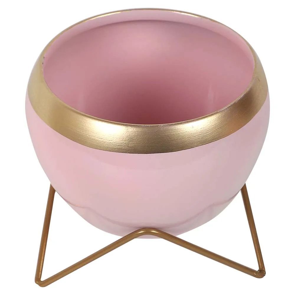 Pink & Golden Bordered Metal Planter With Stand Set Of 2