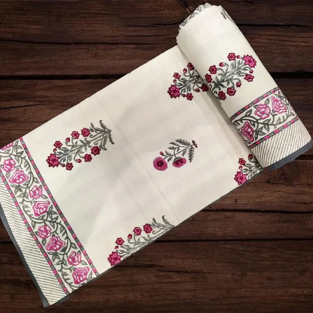 Pink & Grey Small Floral Designer Hand Block Printed Single Bed Cotton Dohar