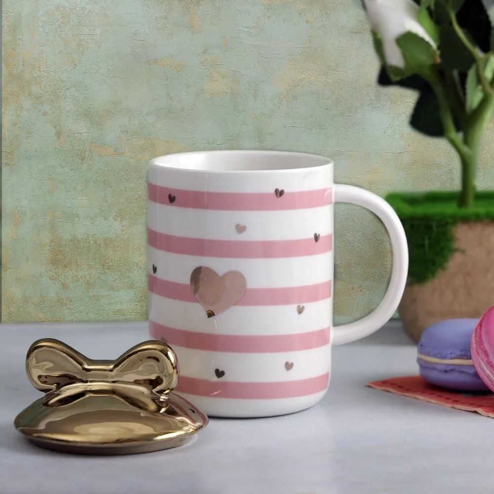 Pink Hearts Cute Striped Mug with Bow Lid