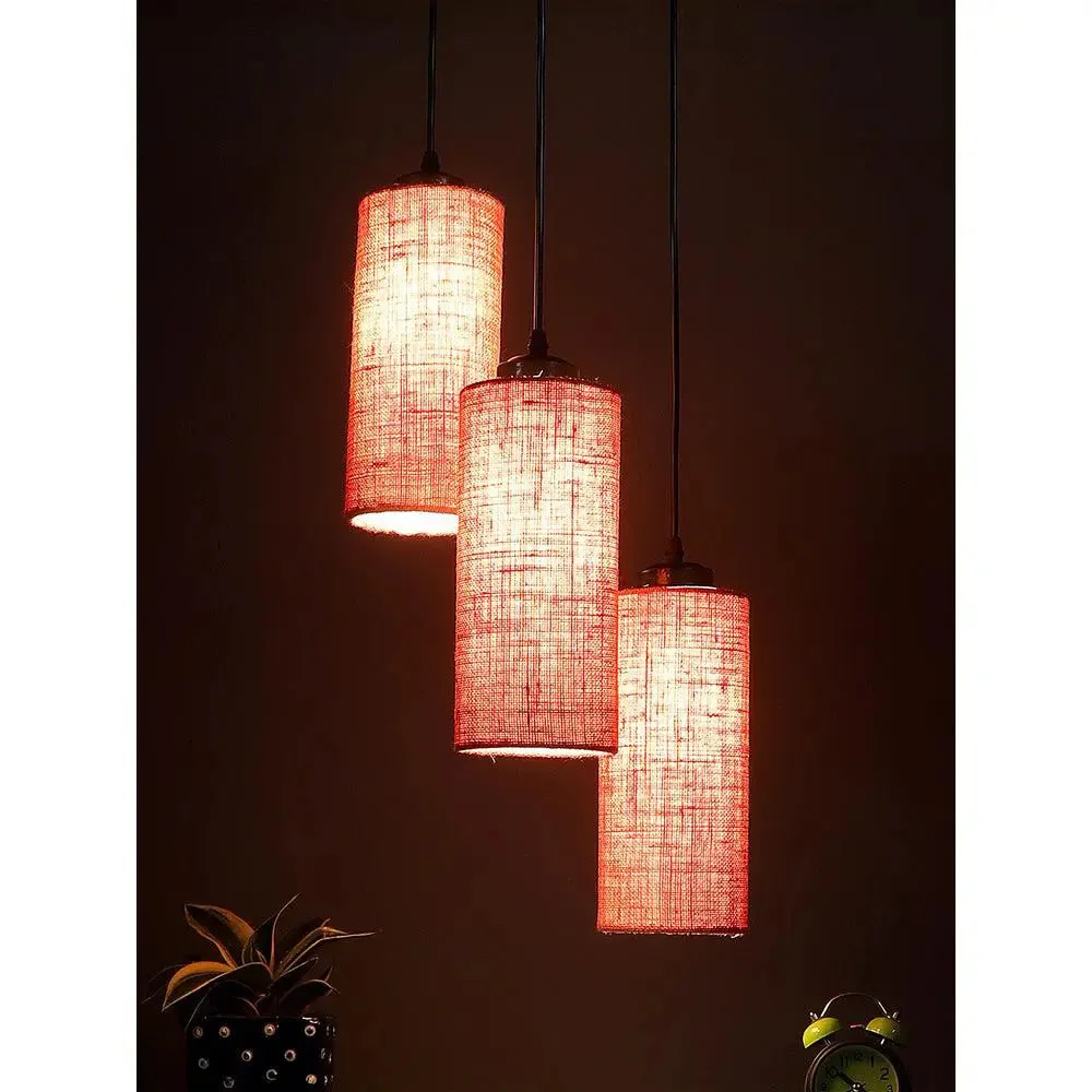 Pink Jute Cylindrical Cluster Hanging Lamp