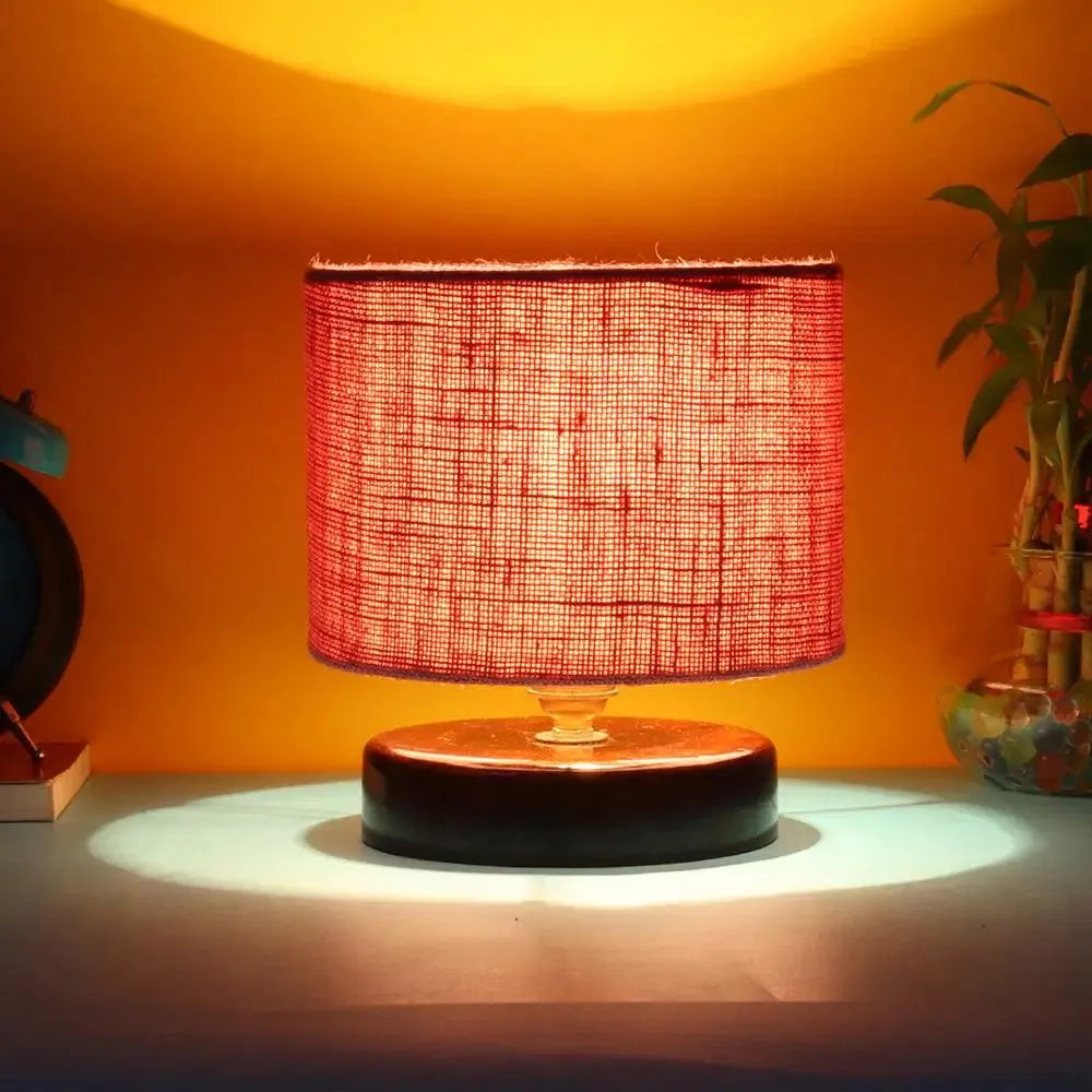 Pink Jute Table Lamp with Brown Wood Base