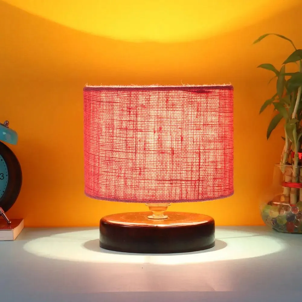 Pink Jute Table Lamp with Brown Wood Base