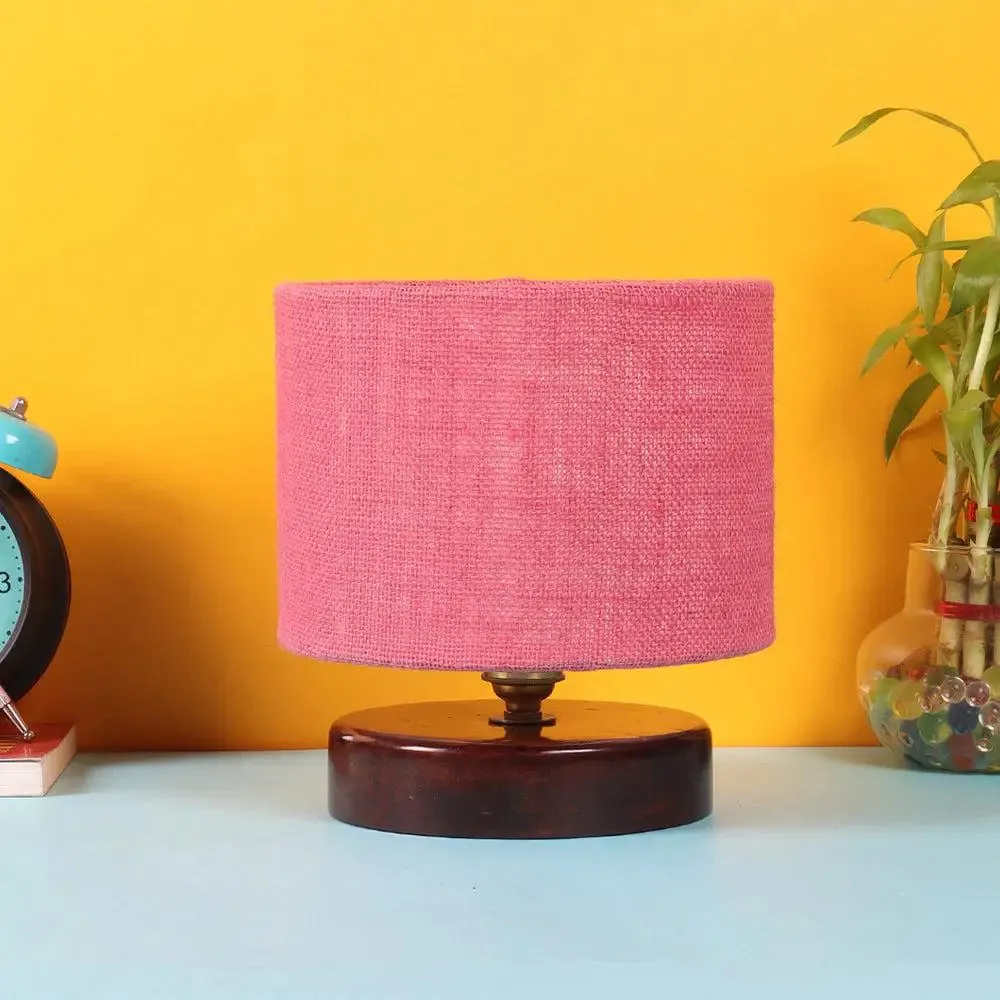 Pink Jute Table Lamp with Brown Wood Base