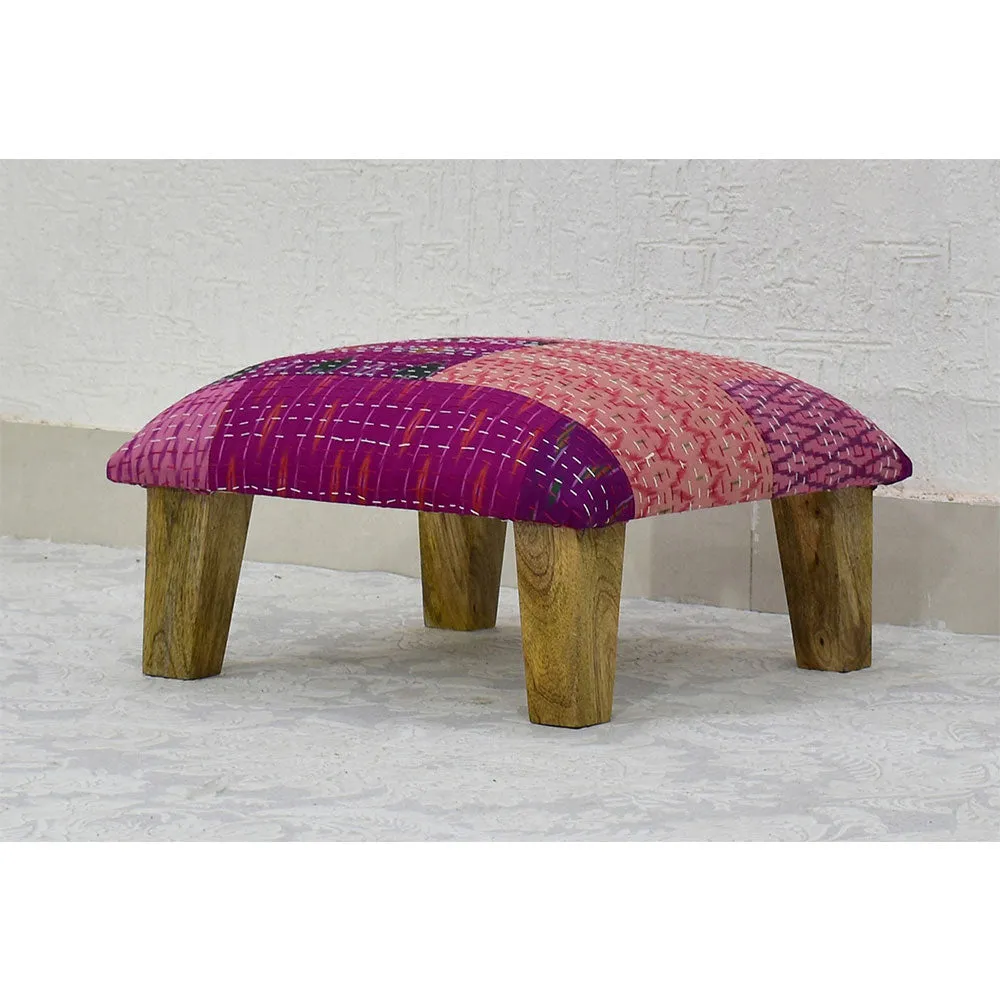 Pink Kantha Gudri Patchwork Multipurpose Stool / Square Pouffe / Ottoman Single Piece