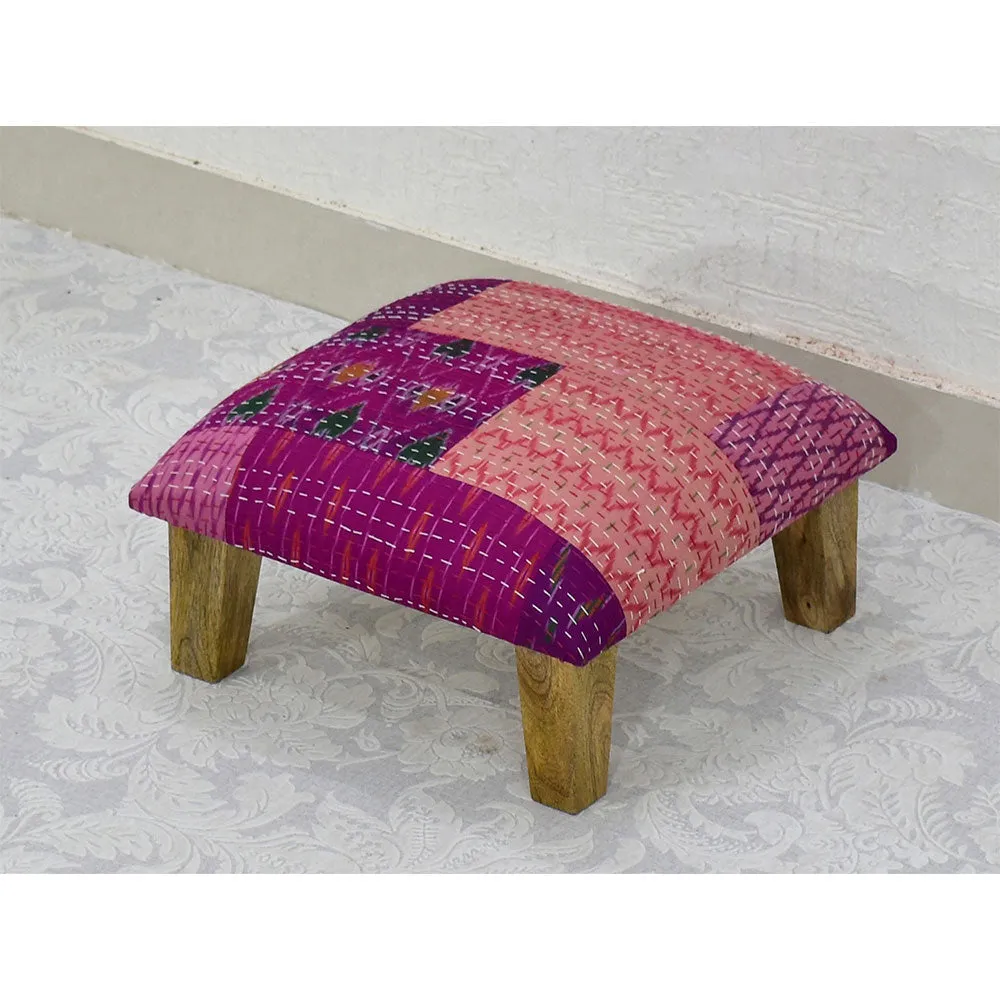 Pink Kantha Gudri Patchwork Multipurpose Stool / Square Pouffe / Ottoman Single Piece