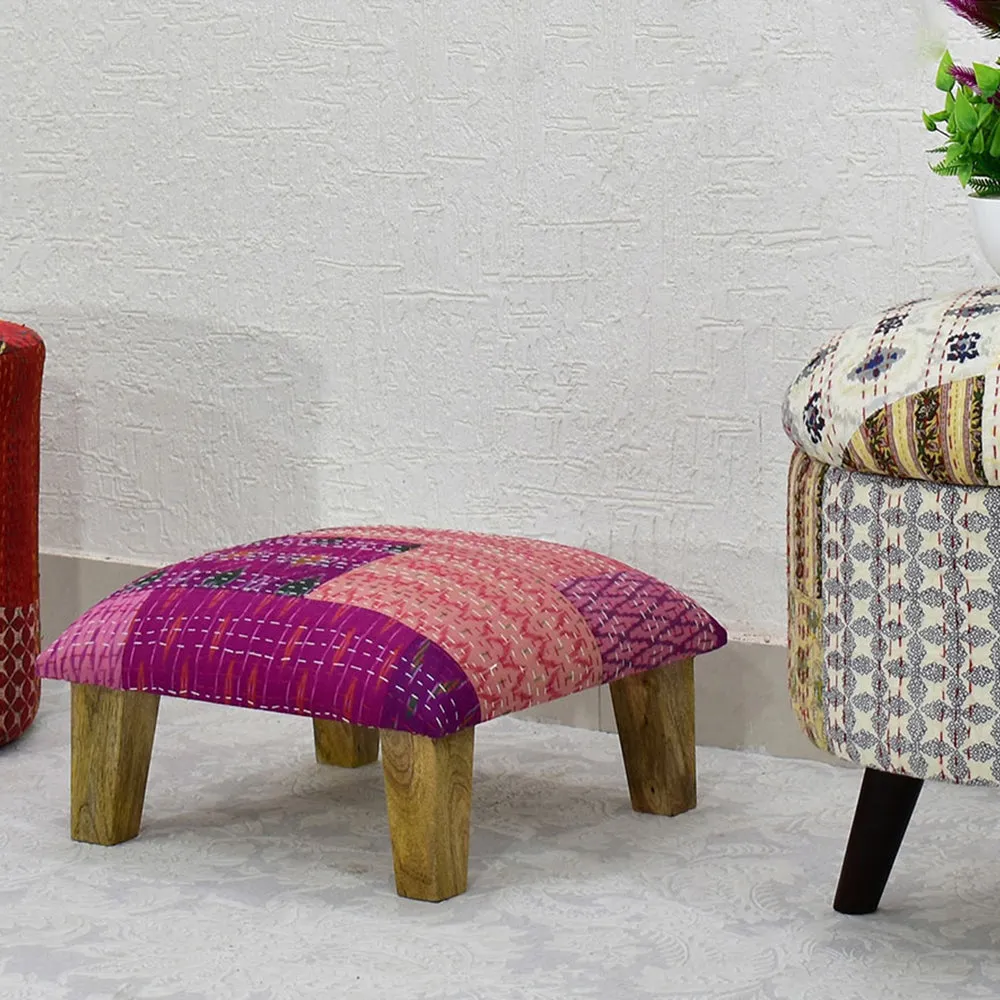 Pink Kantha Gudri Patchwork Multipurpose Stool / Square Pouffe / Ottoman Single Piece
