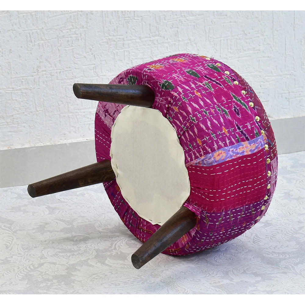 Pink Kantha Gudri Patchwork Three Legged Stool / Pouffe / Ottoman Single Piece