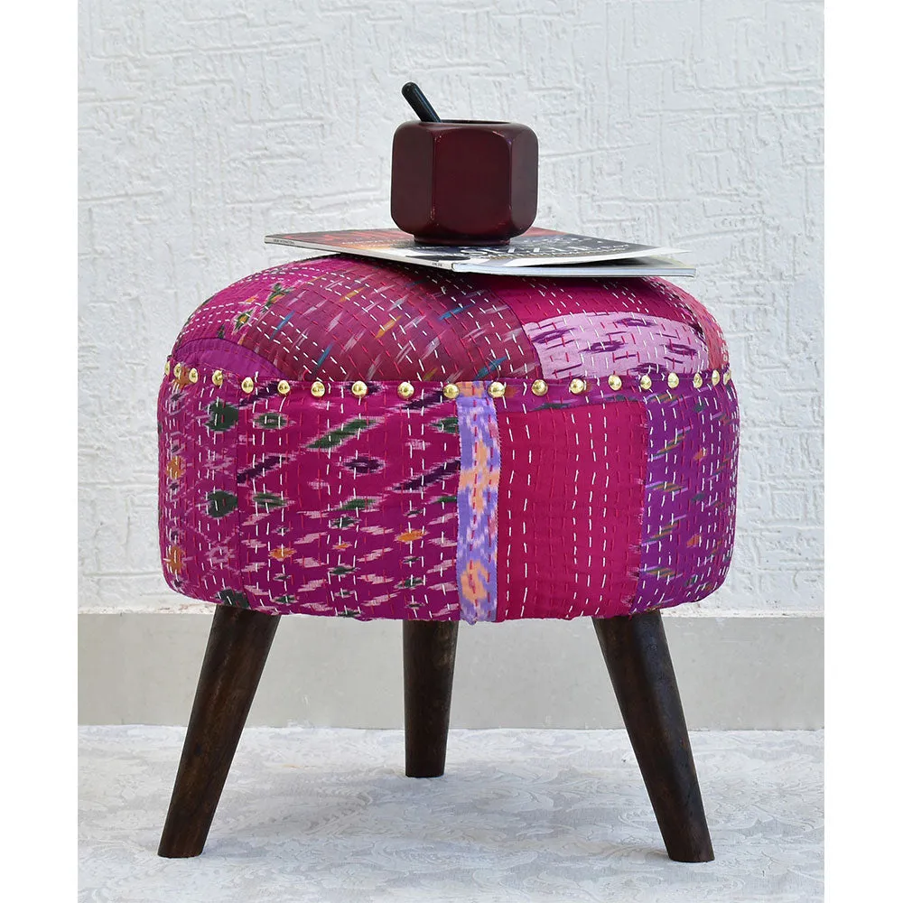 Pink Kantha Gudri Patchwork Three Legged Stool / Pouffe / Ottoman Single Piece
