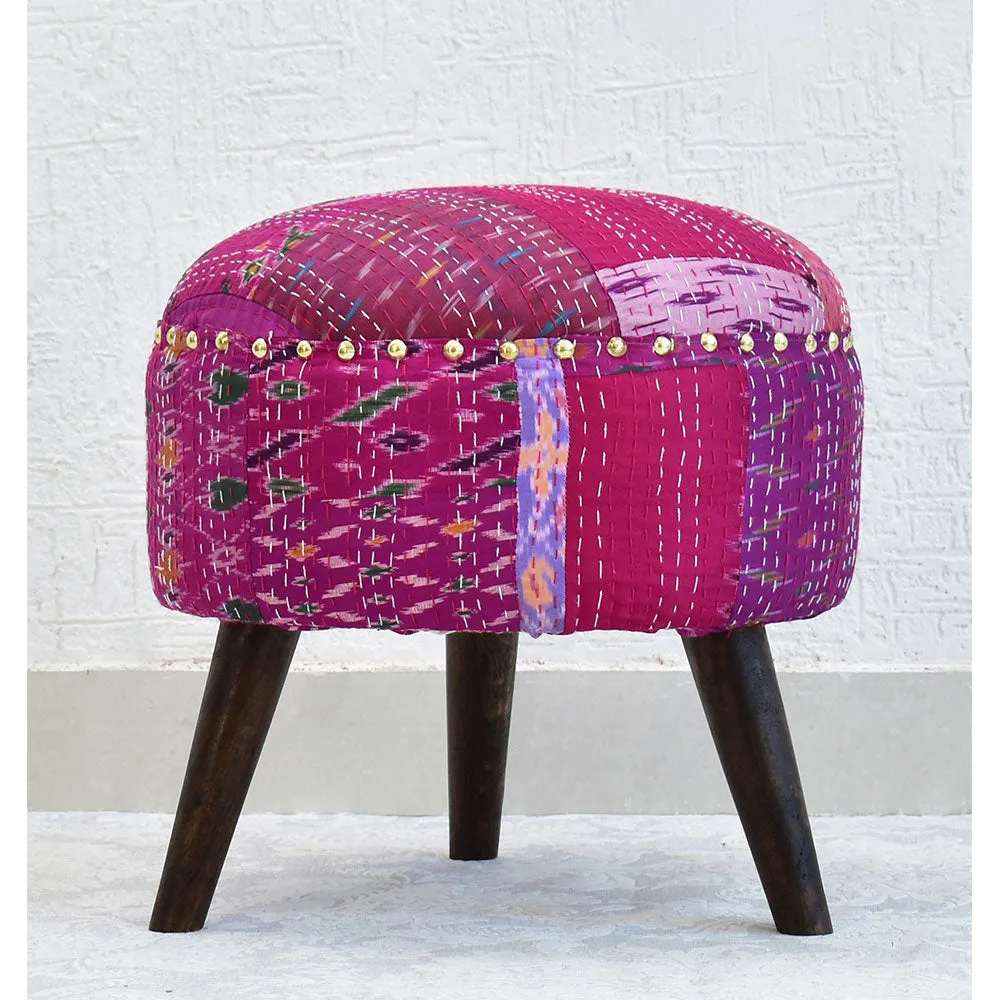 Pink Kantha Gudri Patchwork Three Legged Stool / Pouffe / Ottoman Single Piece