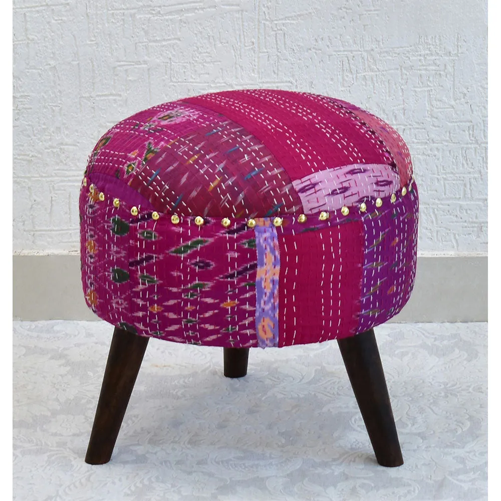 Pink Kantha Gudri Patchwork Three Legged Stool / Pouffe / Ottoman Single Piece
