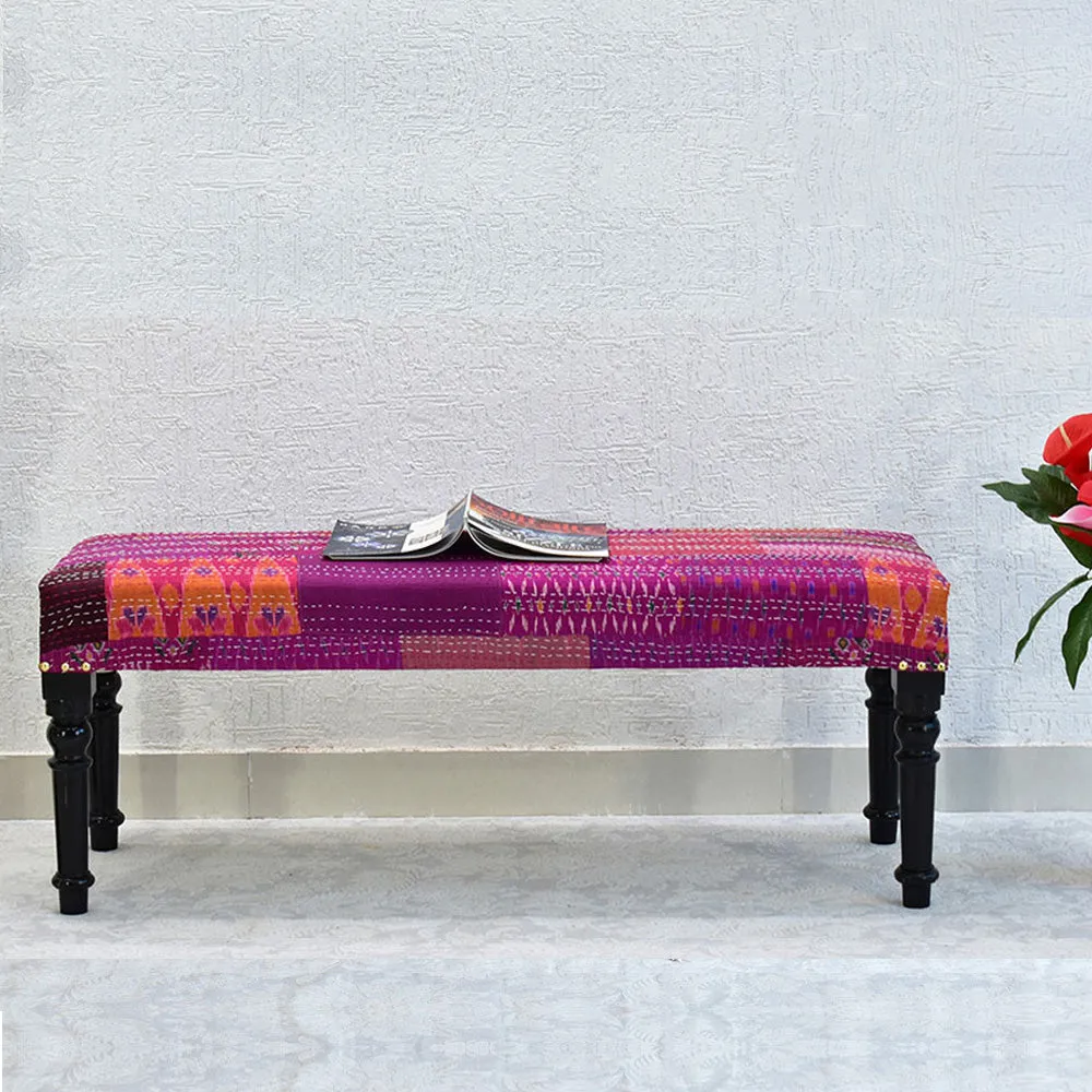 Pink Kantha Gudri Patchwork Upholstery Multipurpose Bench