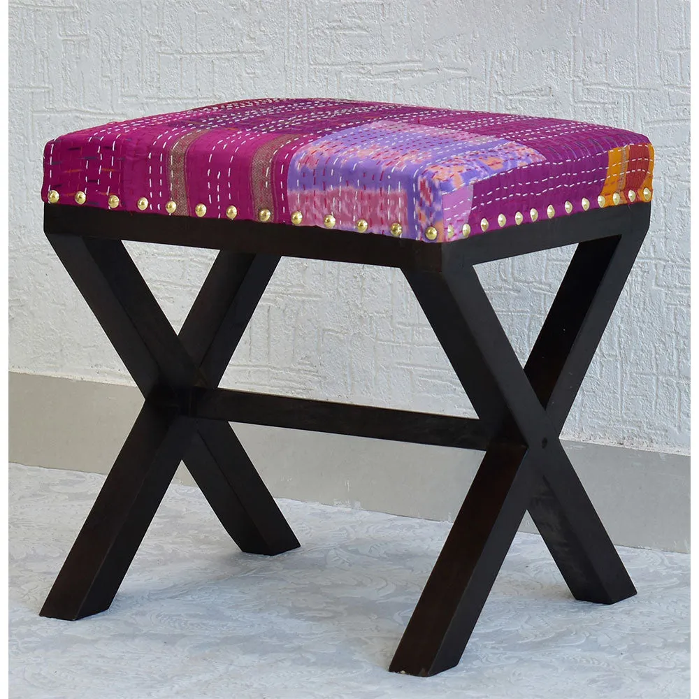 Pink Kantha Gudri Patchwork X Shape Stool / Ottoman Single Piece