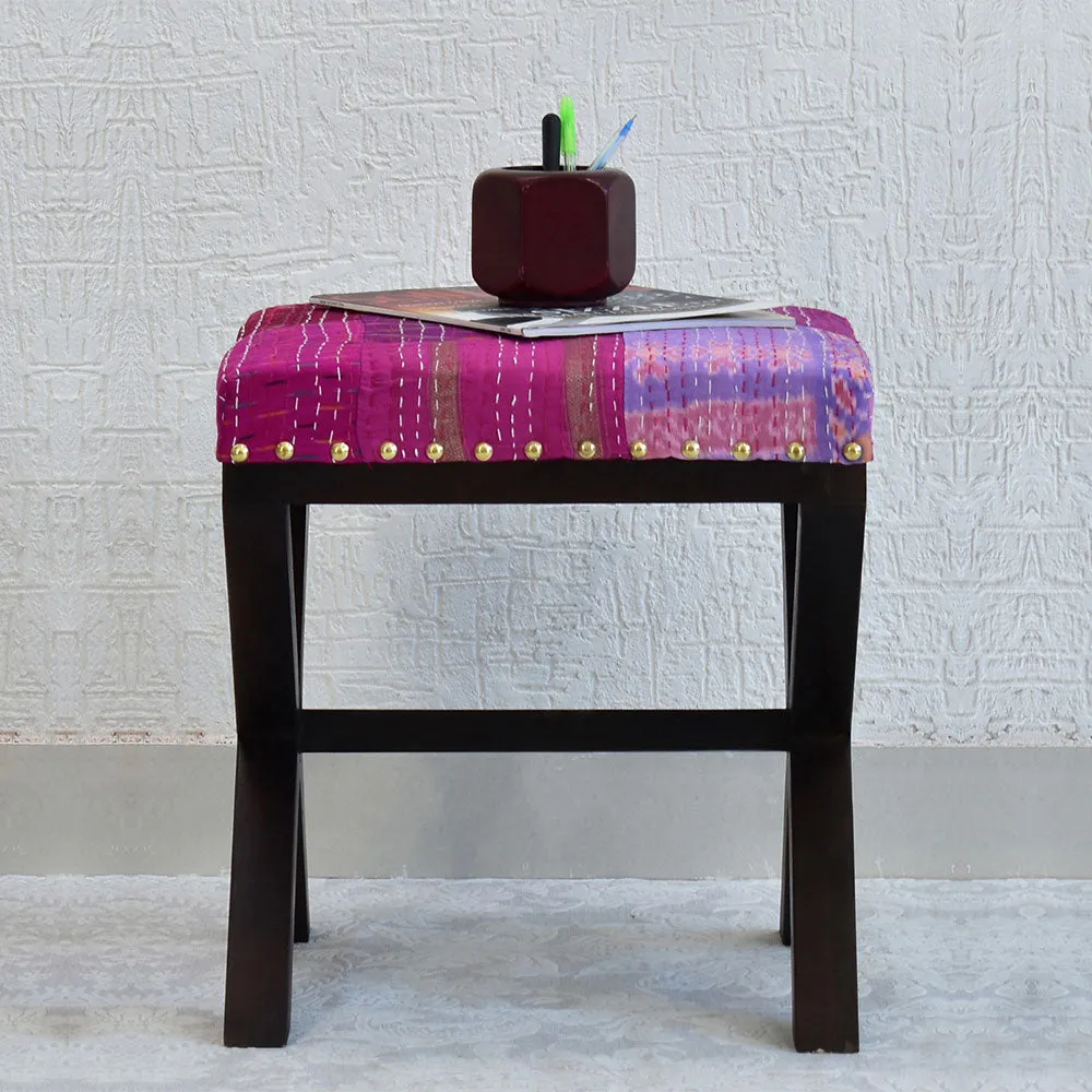 Pink Kantha Gudri Patchwork X Shape Stool / Ottoman Single Piece