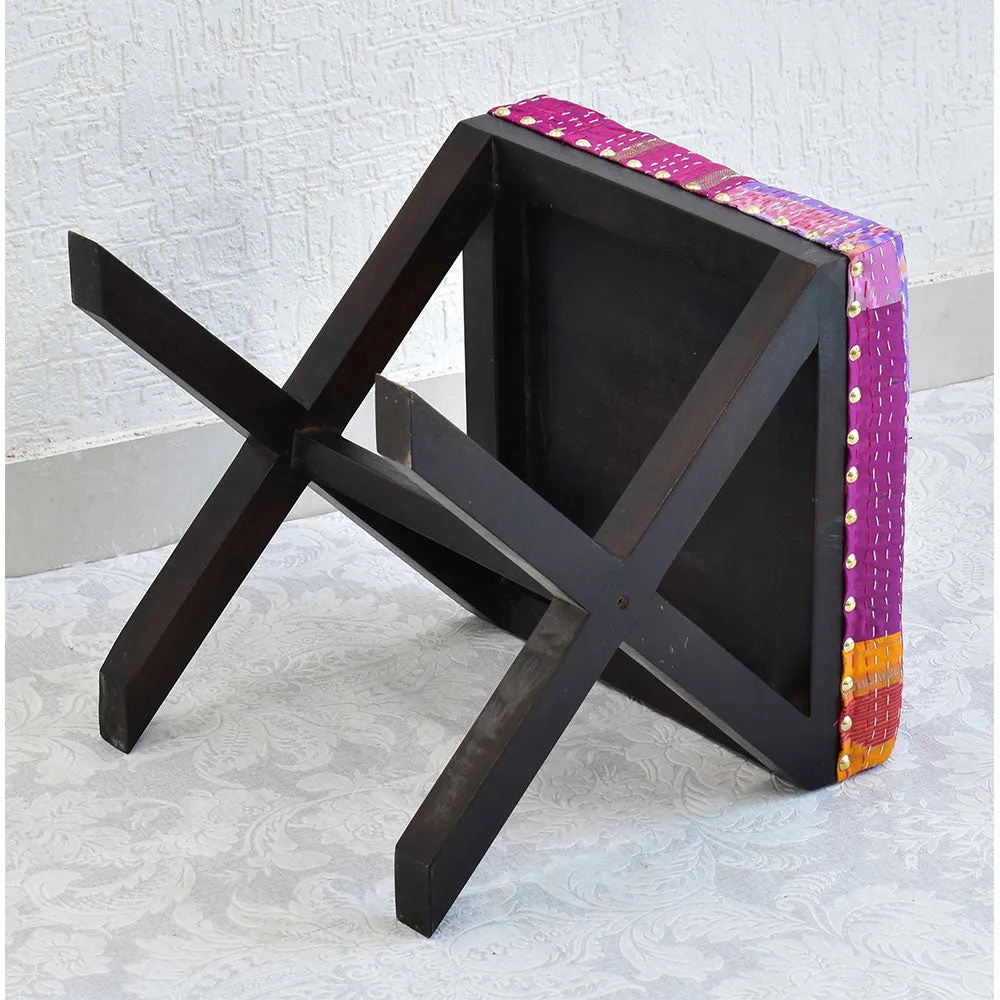 Pink Kantha Gudri Patchwork X Shape Stool / Ottoman Single Piece