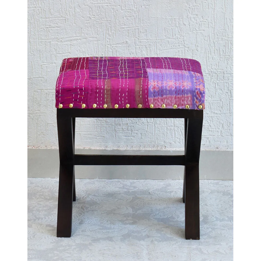 Pink Kantha Gudri Patchwork X Shape Stool / Ottoman Single Piece