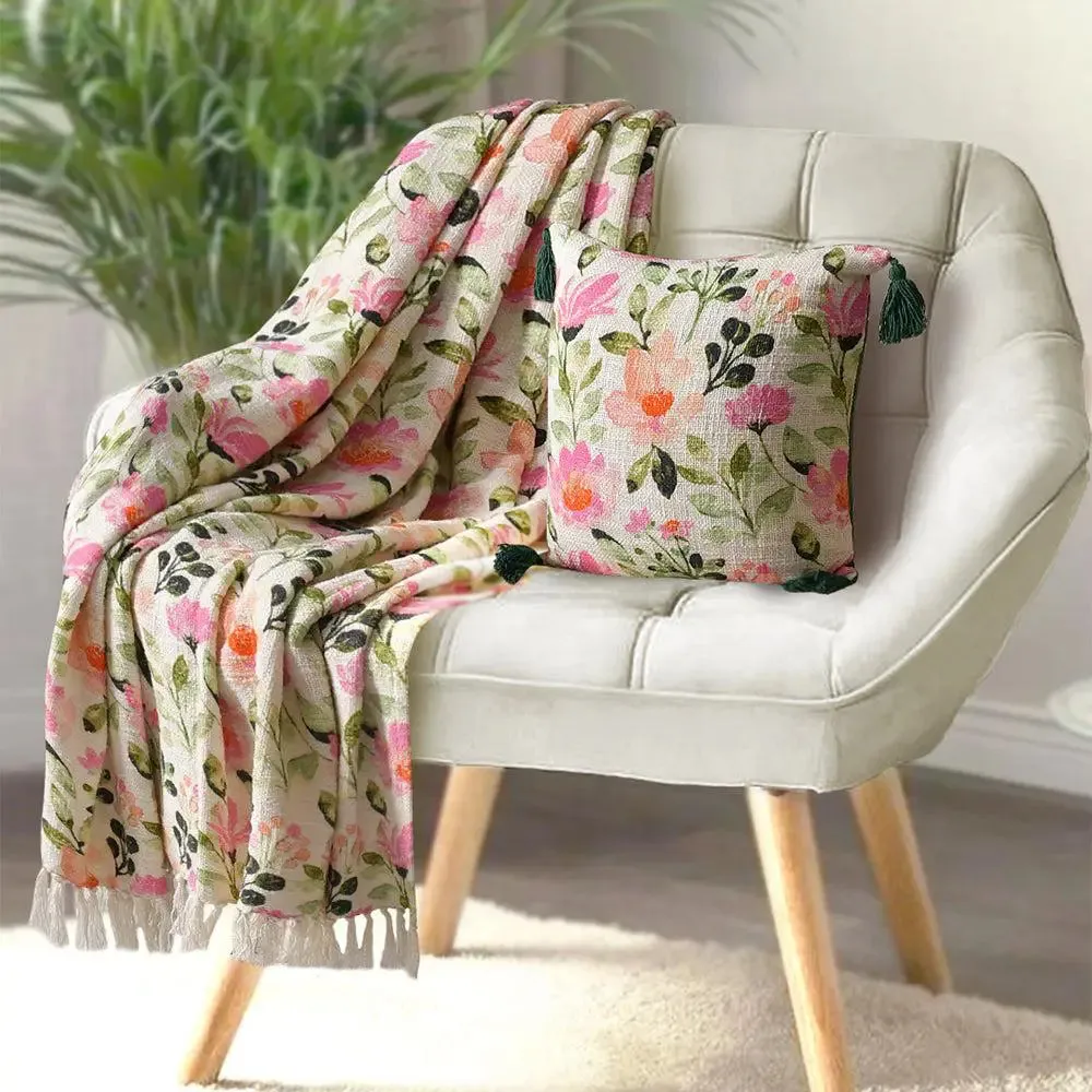 Pink & Orange Floral Drama Tasseled Cotton Throw