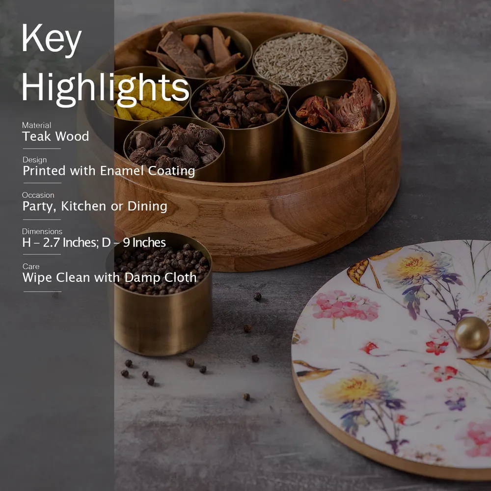 Pink Patterned Wood & Stainless Steel Jars Masala/ Spice Box